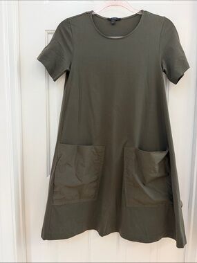 COS Olive Green Short-Sleeve Midi Dress with Front Pockets